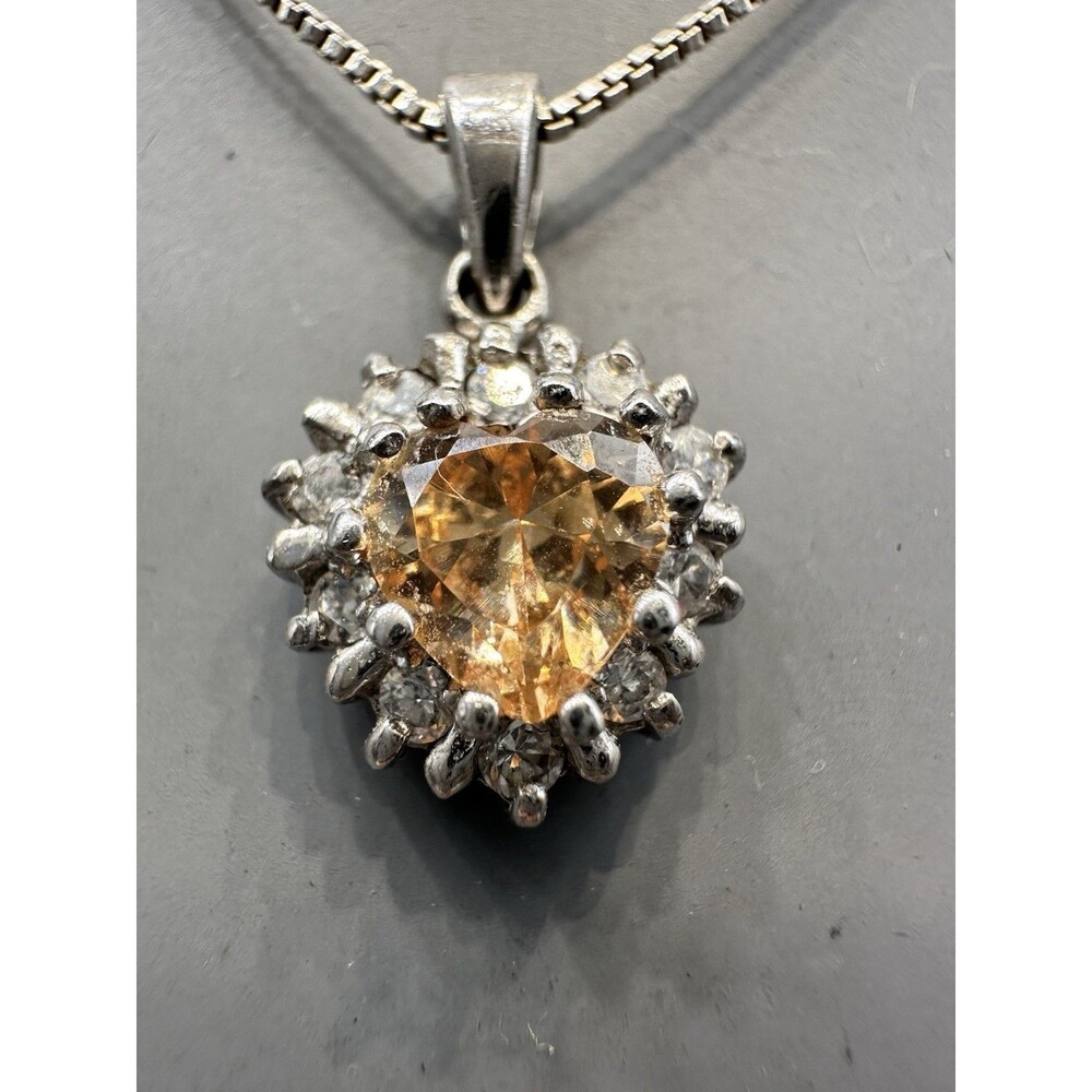 Peach Crystal Halo Heart Pendant On 17” Sterling Silver Chain
